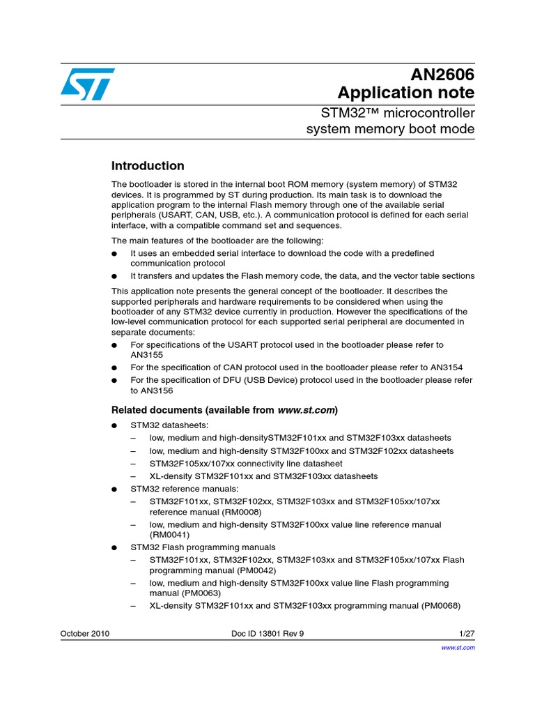 AN2606 Application Note: STM32™ Microcontroller System Memory Boot Mode ...