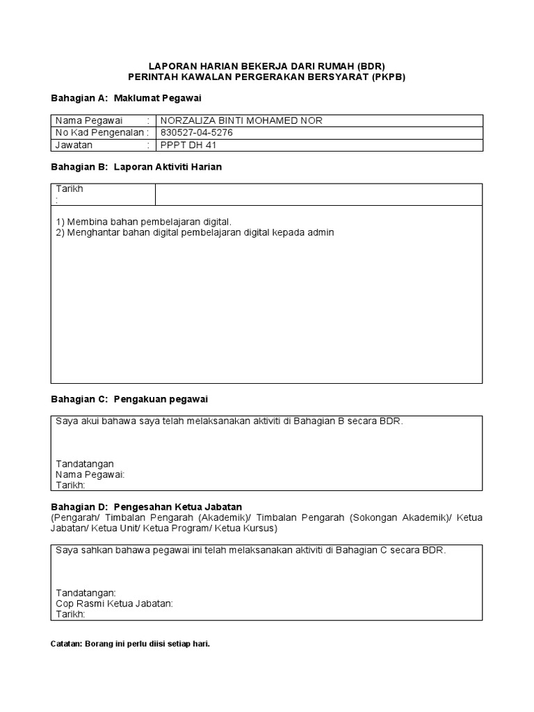 Borang Laporan Harian Bdr Docx