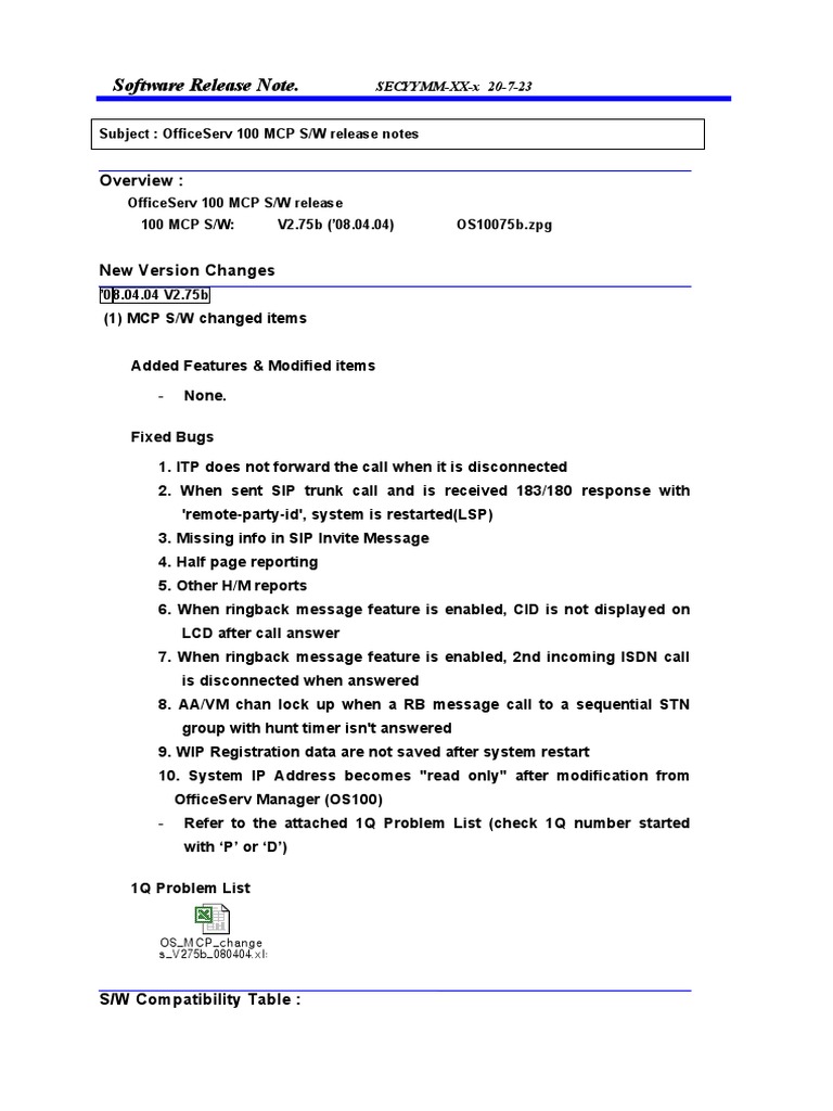 Software Release Note.: Overview | PDF | Session Initiation Protocol ...