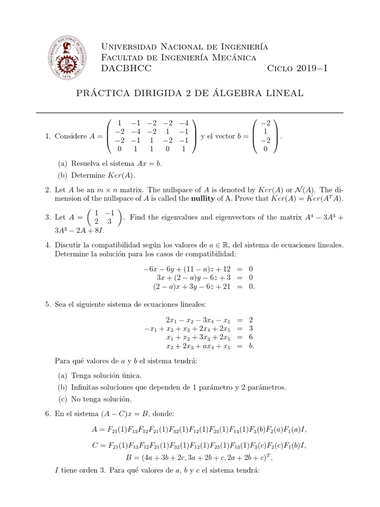 Linear Algebra Practice Problems 2019-I | PDF | Mathematical Relations ...