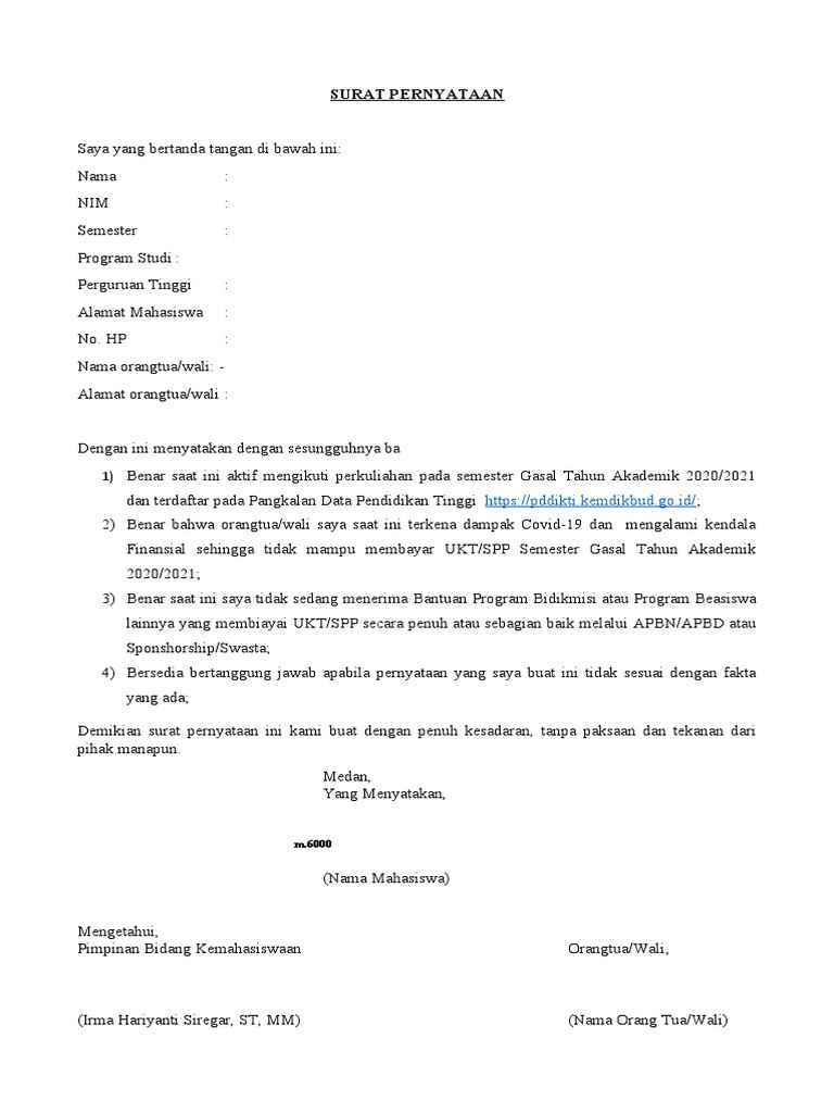 Surat Pernyataan Mahasiswa Penerima Bantuan Ukt Spp Kip Kuliah
