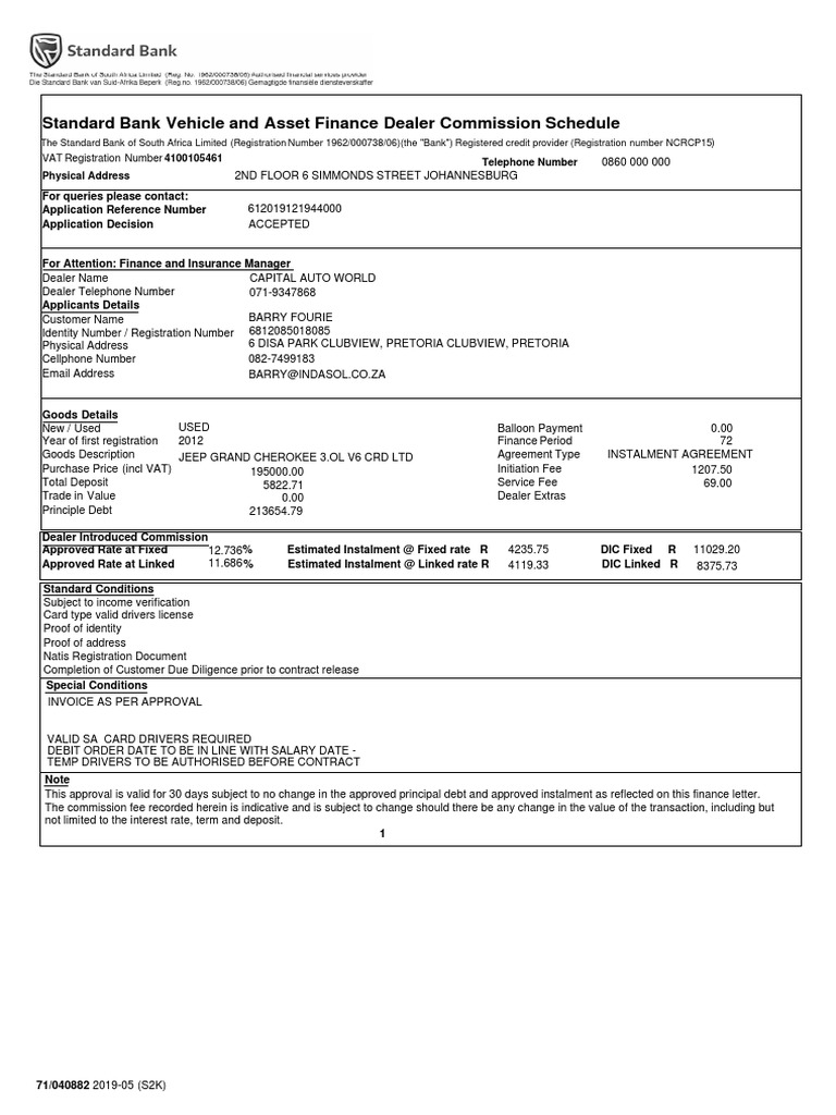 Standard Bank Vehicle and Asset Finance Dealer Commission Schedule