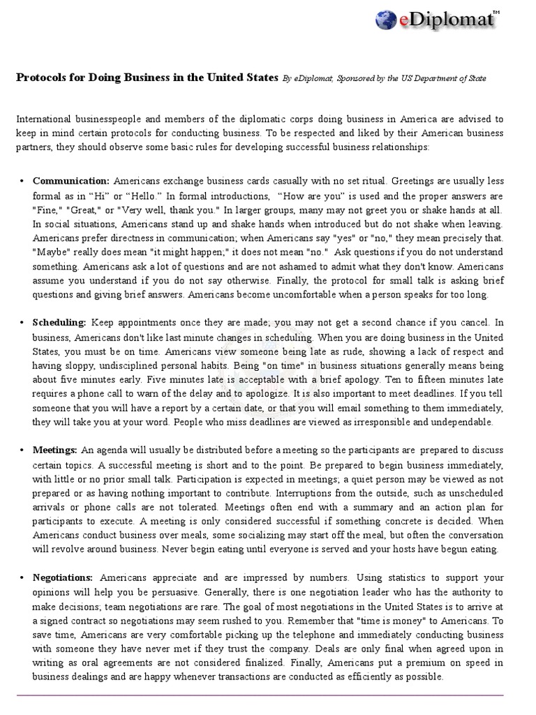 Business Protocols in the U.S. | PDF | Negotiation | Communication