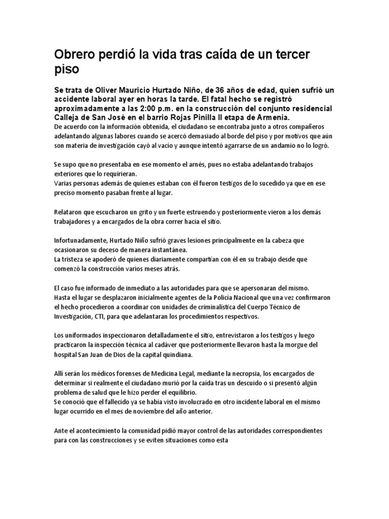 Obrero Perdió La Vida Tras Caída de Un Tercer Piso | PDF | Violencia ...