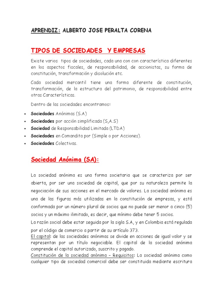 Tipos de Sociedades Mercantiles en Colombia | PDF | Sociedad General ...