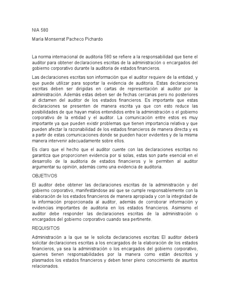 Nia 580 | PDF | Auditoría | Contralor
