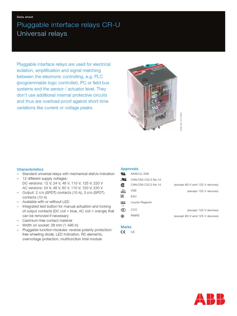 Universal Relays: Pluggable Interface Relays CR-U | PDF | Relay | Switch
