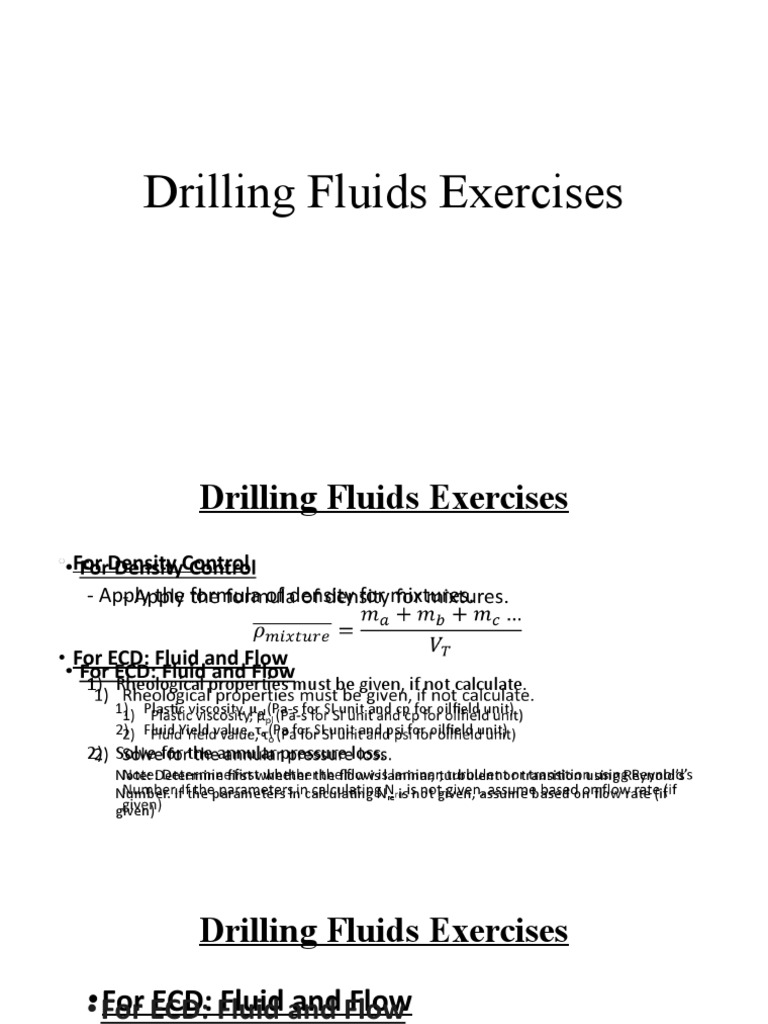 Drilling Fluids Exercises PDF Fluid Dynamics Laminar Flow