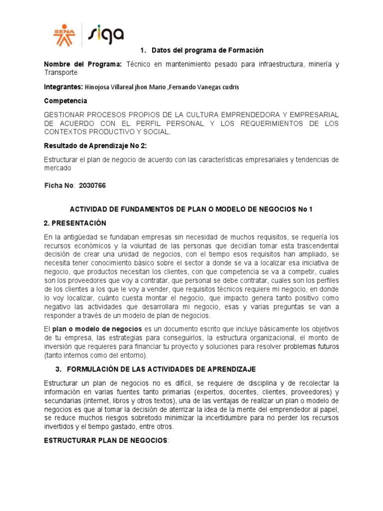 Estructura de un Plan de Negocios | PDF | Modelo de negocio ...