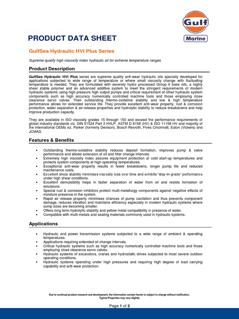 PDS GulfSea Hydraulic HVI Plus 68 PDF Civil Engineering Chemical Engineering