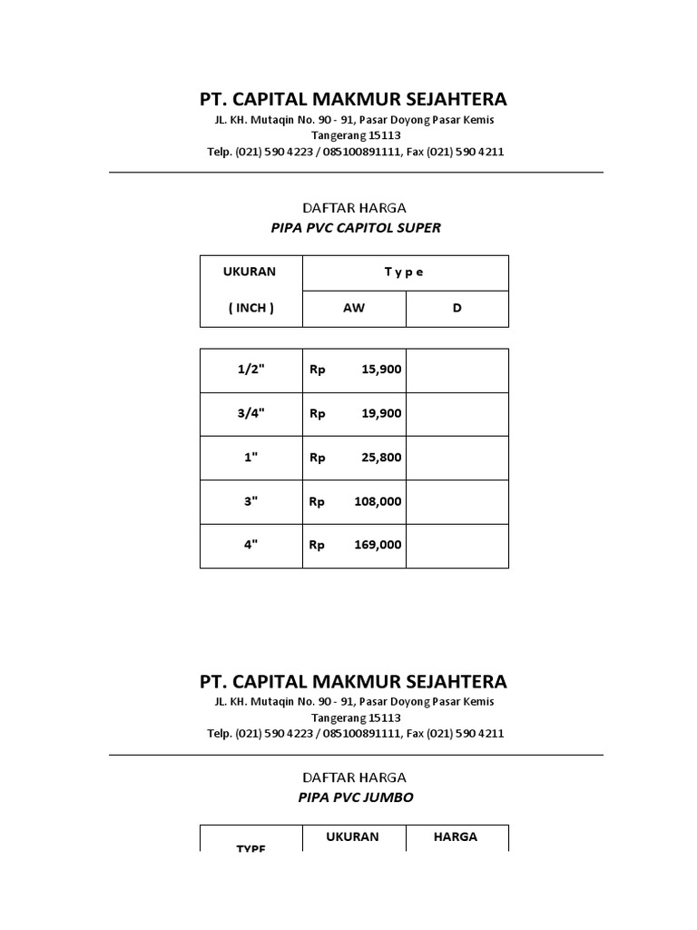 Daftar Harga Pipa PVC Capital Makmur | PDF