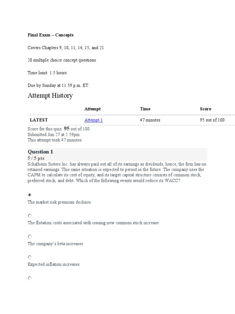 MBA Financial Management Final Exam PDF