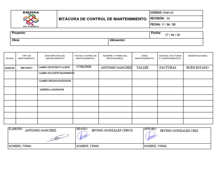 Bitácora de Control de Mantenimiento | PDF