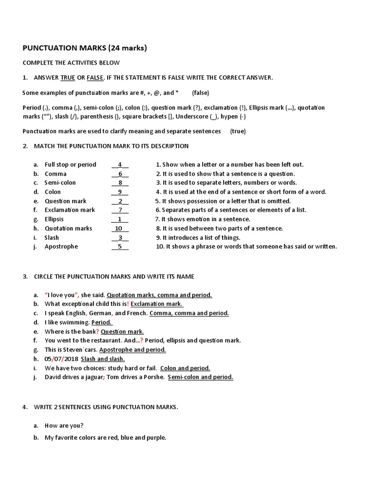 Punctuation Marks Quiz & Activities | PDF