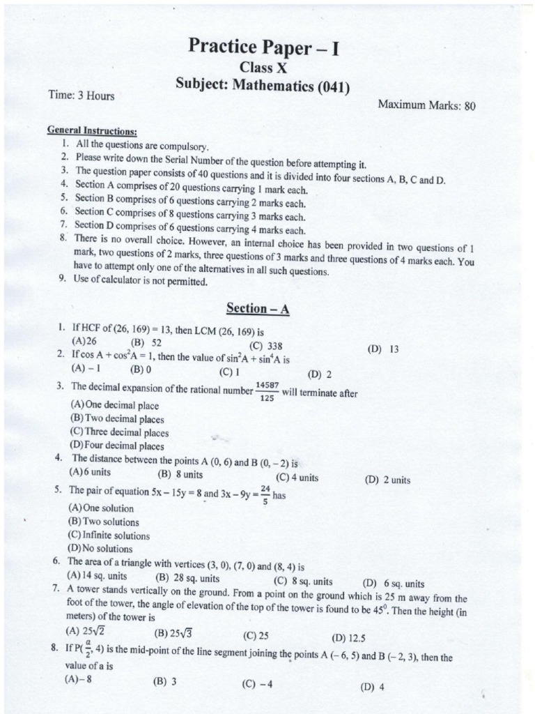 10 Maths Practice Paper 2020 Set 1 PDF | PDF | Circle | Fraction ...