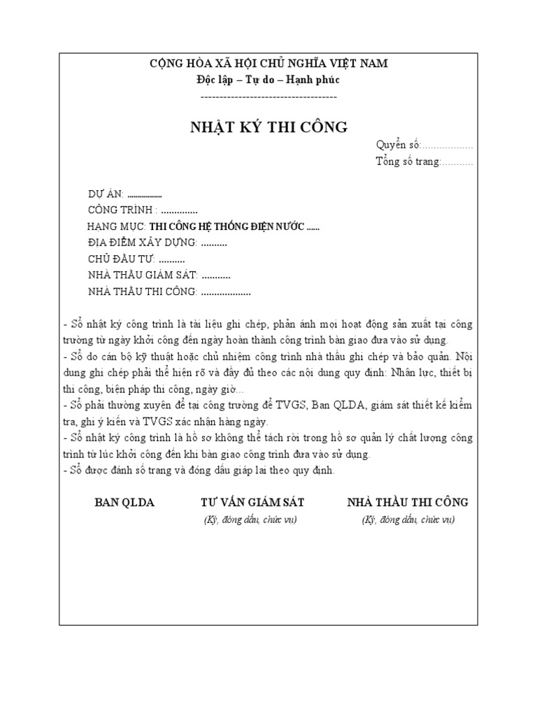 Bìa Lót Nhật Ký Thi Công | Pdf