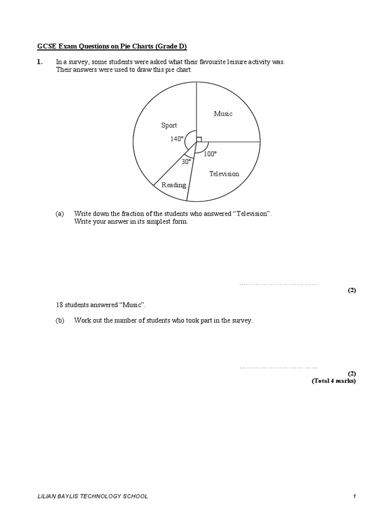 GCSE Exam Questions On Pie Charts (Grade D) 1. Sport Music PDF Pie