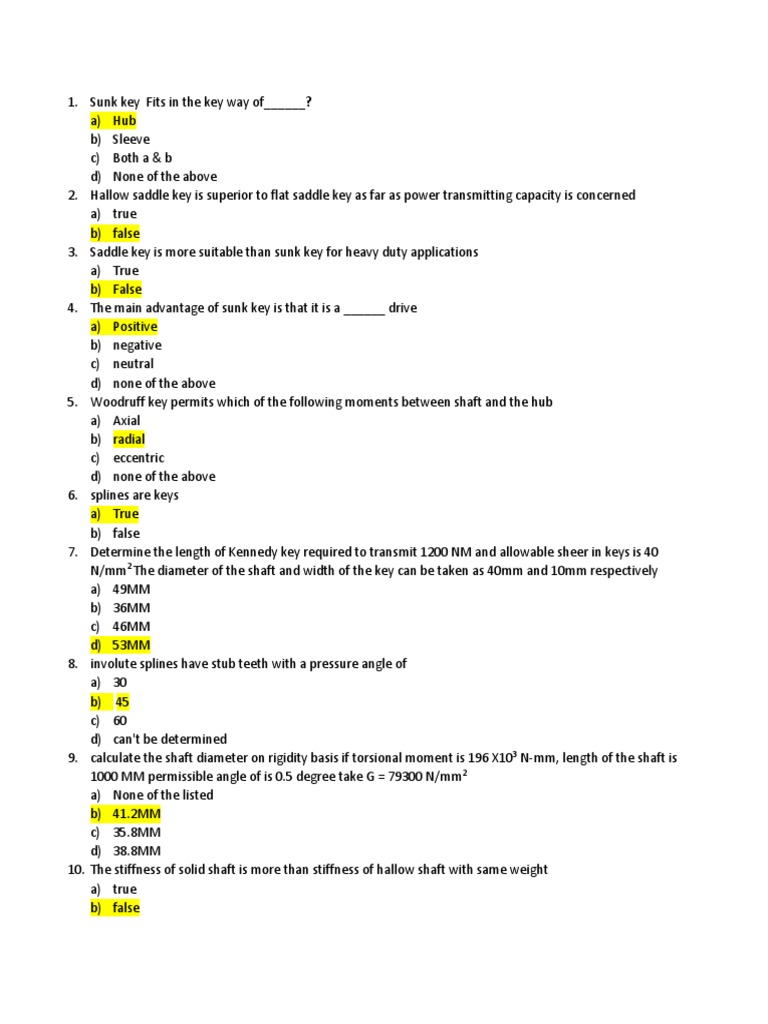 DTE Unit 1 MCQs (Keys Shafts and Couplings) Download Free PDF