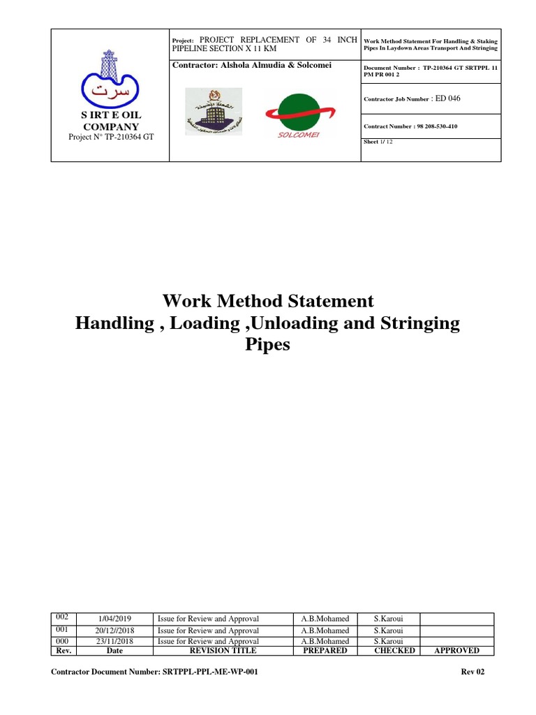 Work Method Statement - Handling Loading Unloading and Stringing Pipes ...