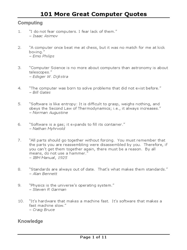 101 More Great Computer Quotes | PDF | Computer Programming | Software Bug