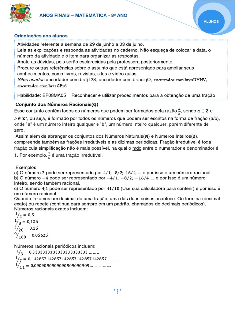 Atividades sobre Dízimas Periódicas | PDF | Número racional | Números