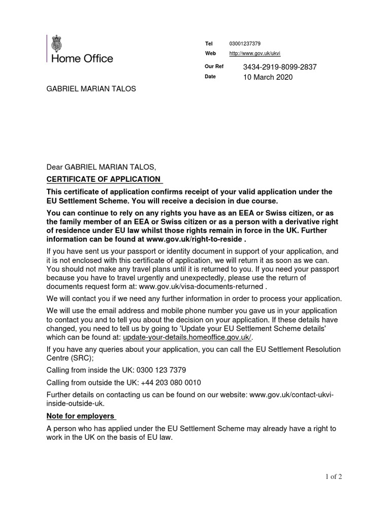 Certificate of EU Settlement Scheme Application Receipt PDF Privacy