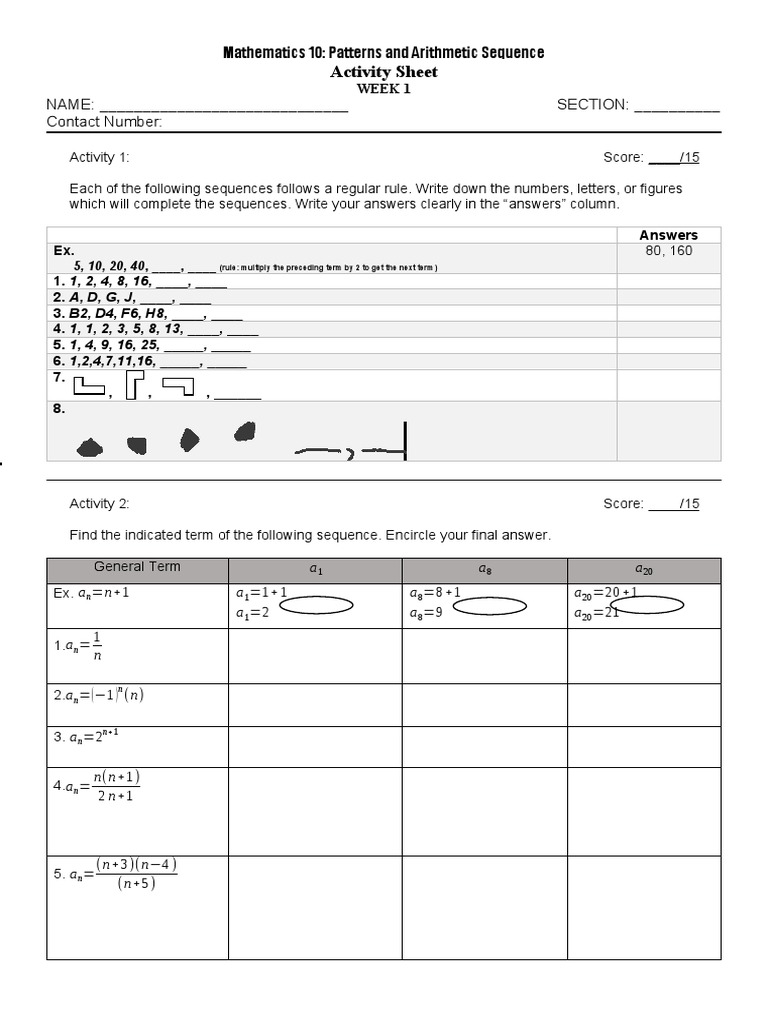Activity Sheet: Mathematics 10: Patterns and Arithmetic Sequence | PDF ...