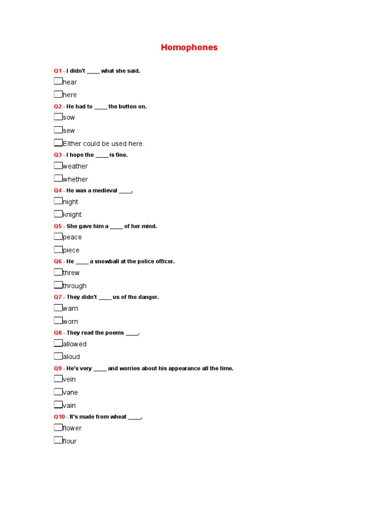 Homophones Practice Questions and Answers | PDF