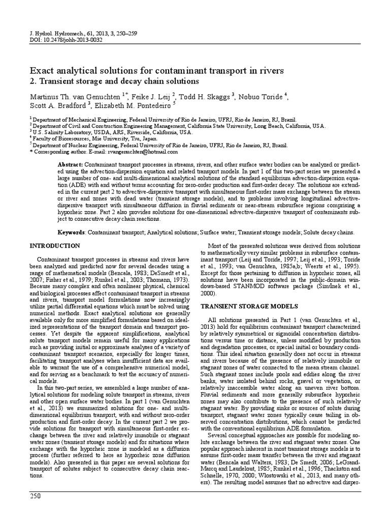 Analytical Solutions for Contaminant Transport | PDF | Diffusion | River