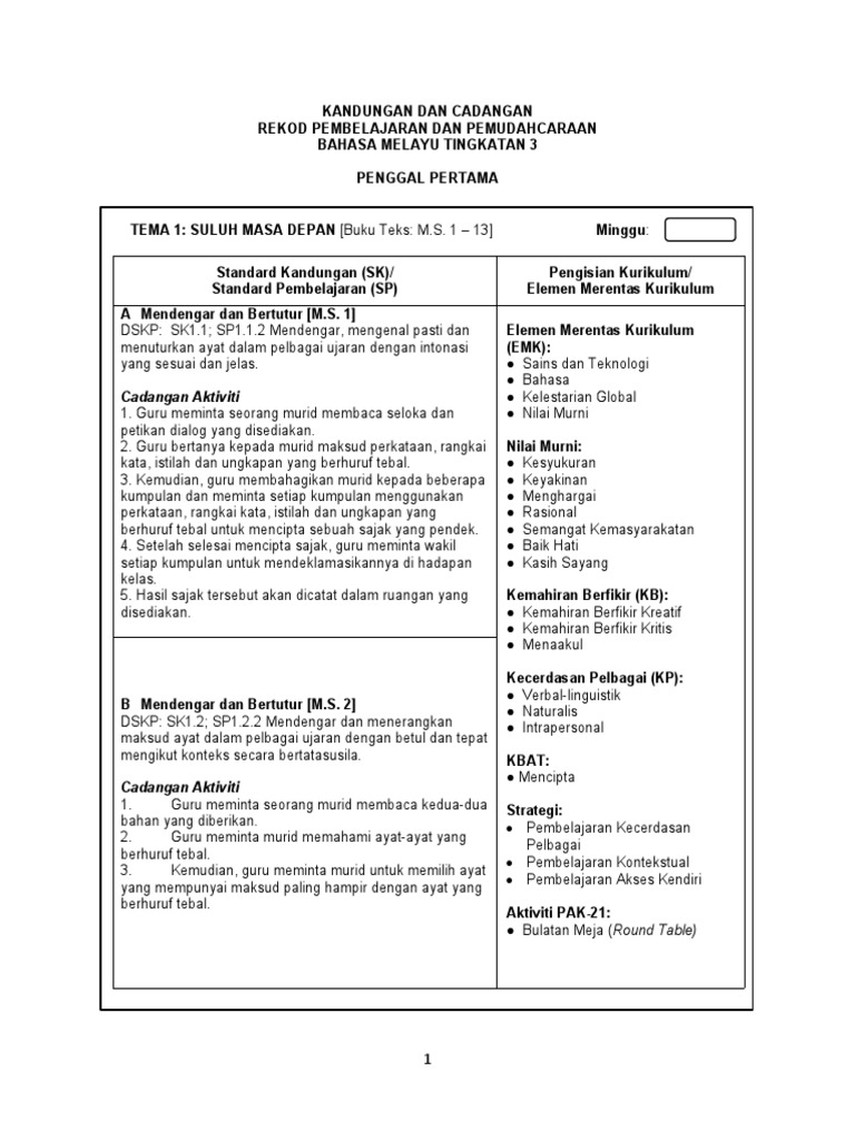 Kandungan Dan Cadangan Rekod Pembelajaran Dan Pemudahcaraan Formula A Pt3 Kssm Bahasa Melayu Tingkatan 3 Pdf