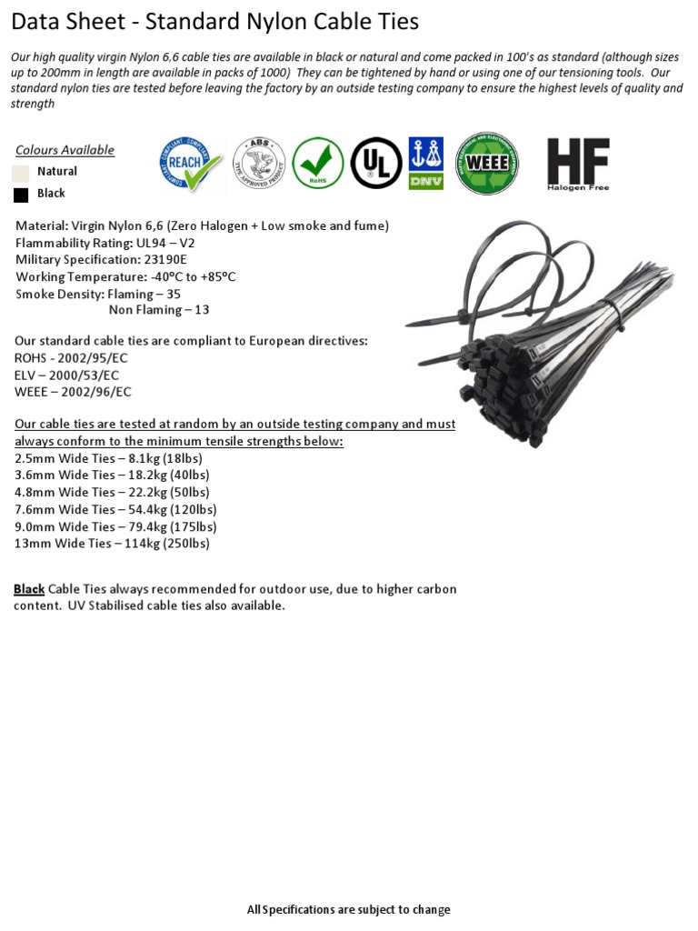 Nylon Cable Ties Specifications Chart | PDF