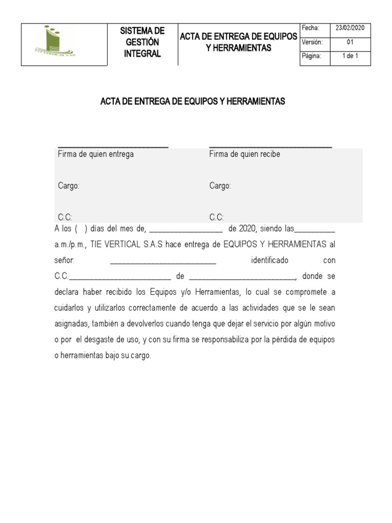 Acta de Entrega de Equipos y Herramientas | PDF