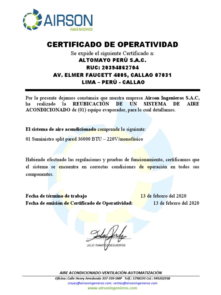 Certificado de Operatividad - Altomayo | PDF