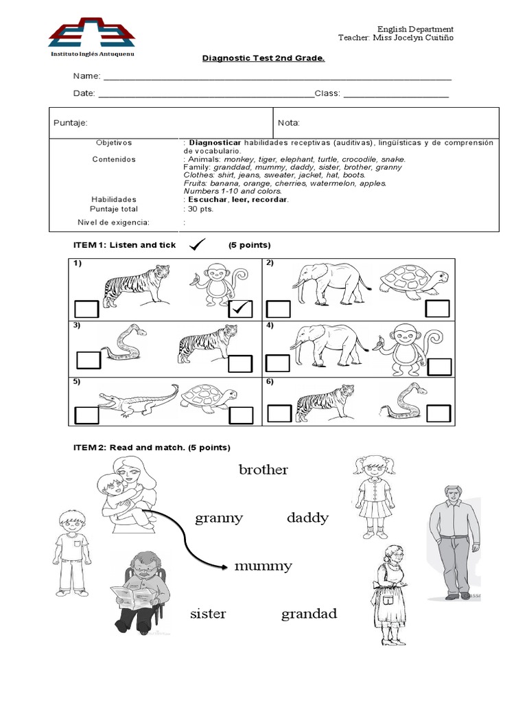 Diagnostic Test 2nd Grade | PDF | Clothing