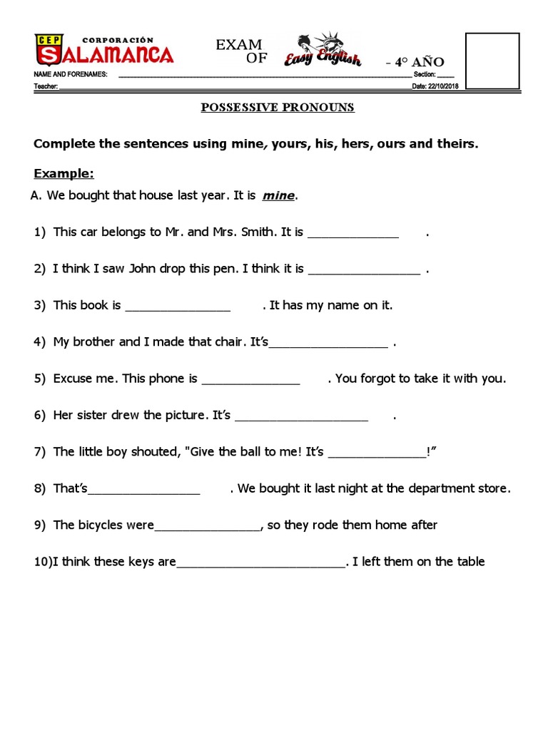 Possessive Pronouns Complete The Sentences Using Mine, Yours, His, Hers