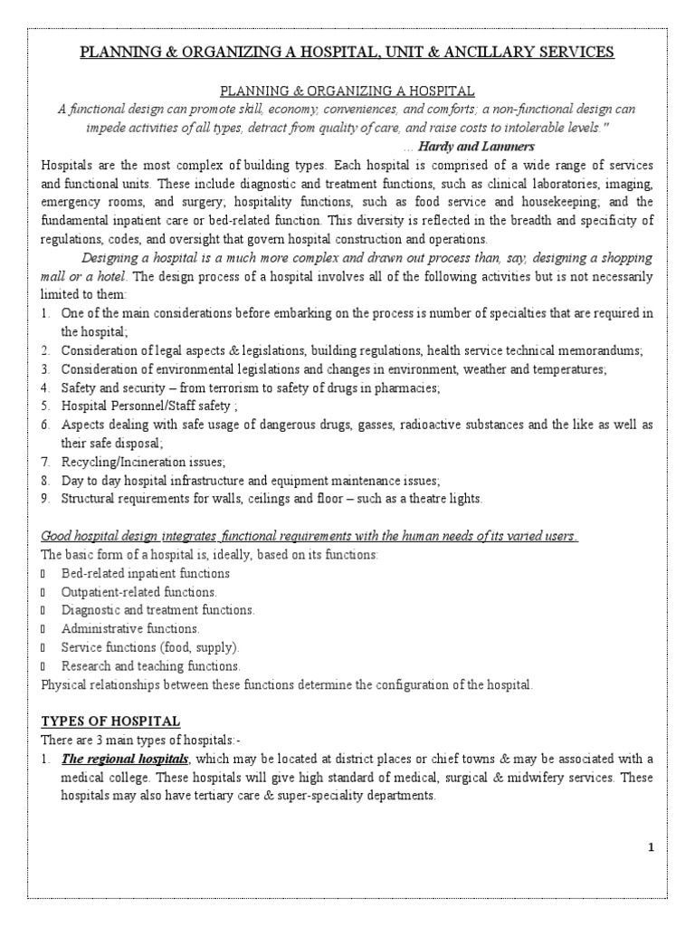 Planning & Organizing A Hospital, Unit & Ancillary Services | PDF ...