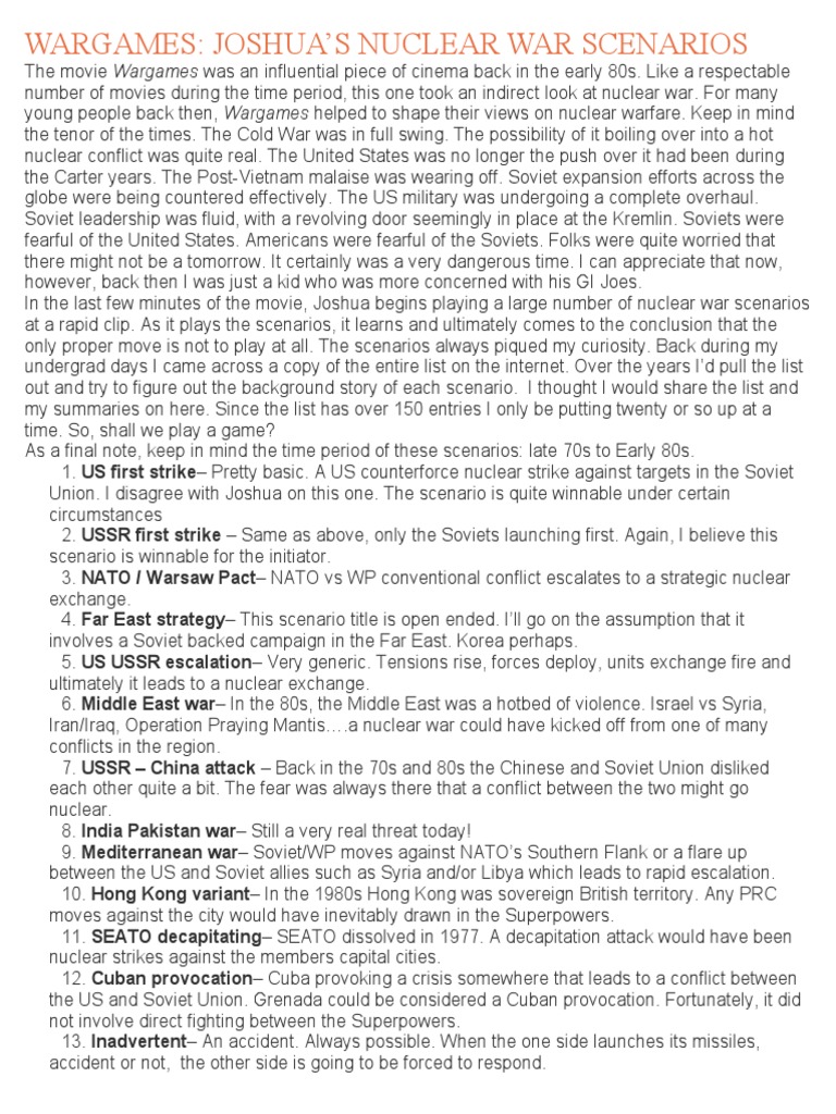 WARGAMES Joshua's List | PDF | Cold War | Nuclear Warfare