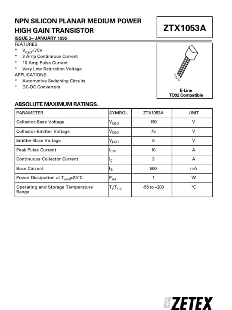 ZTX1053A ZTX1053A NPN Silicon Planar Medium Power High Gain Transistor