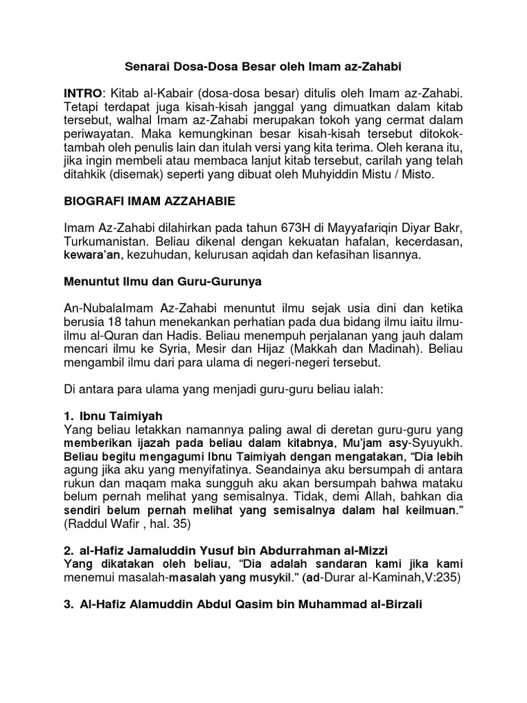Senarai Dosa Besar Imam Az Zahabie Pdf