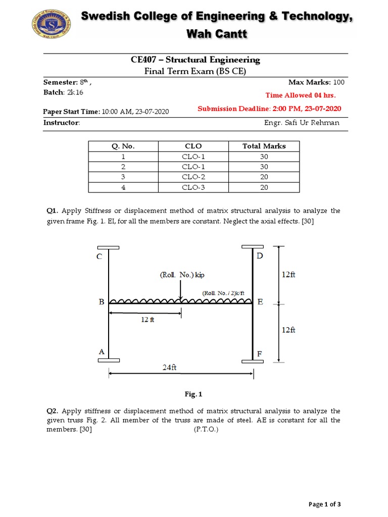 CE407 - Structural Engineering: Final Term Exam (BS CE) | PDF