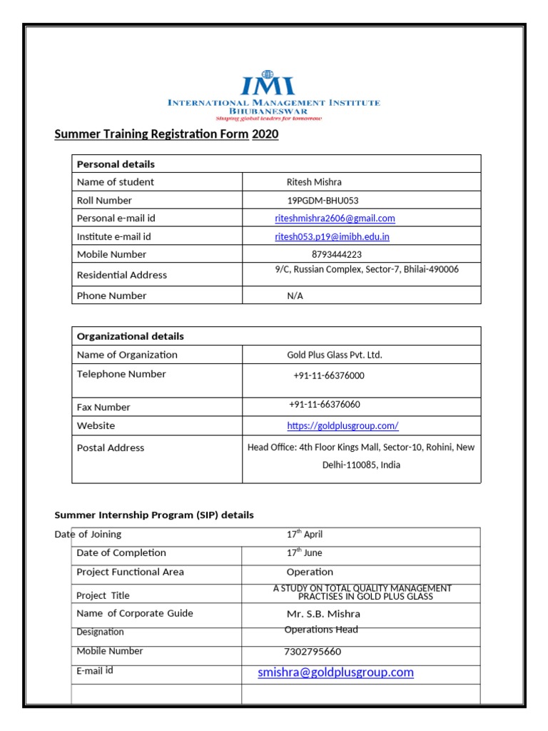 SIP Synopsis of Ritesh Mishra | PDF | Data | Business