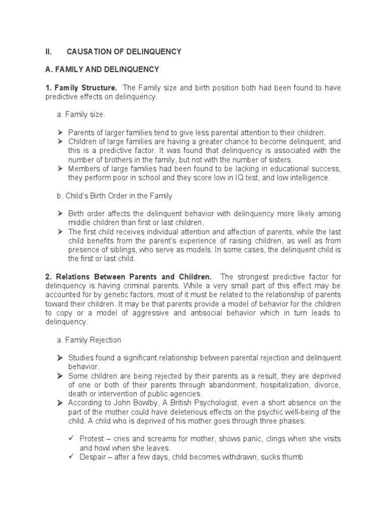 Ii. Causation of Delinquency A. Family and Delinquency 1. Family
