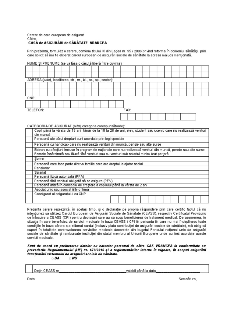 Model Cerere de Card European de Asigurat | PDF