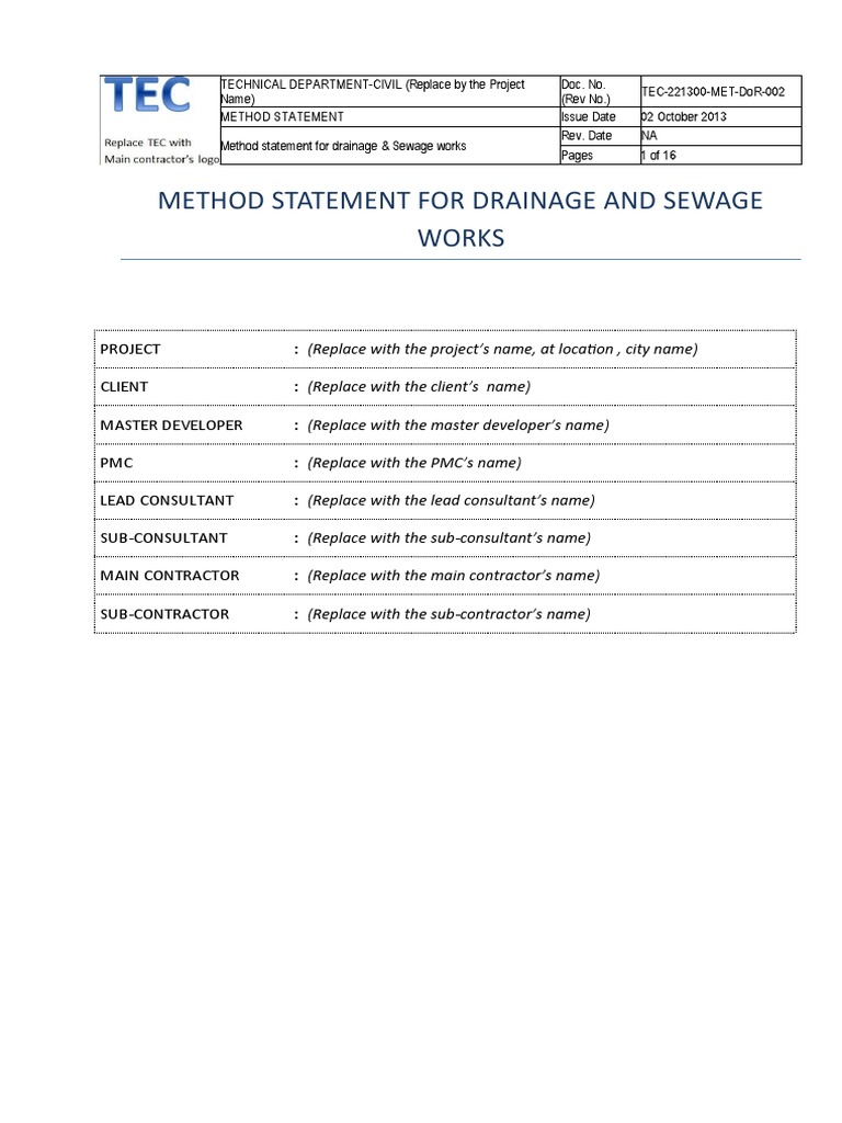 Method Statement for Sewer Works | PDF | Sanitary Sewer | Concrete