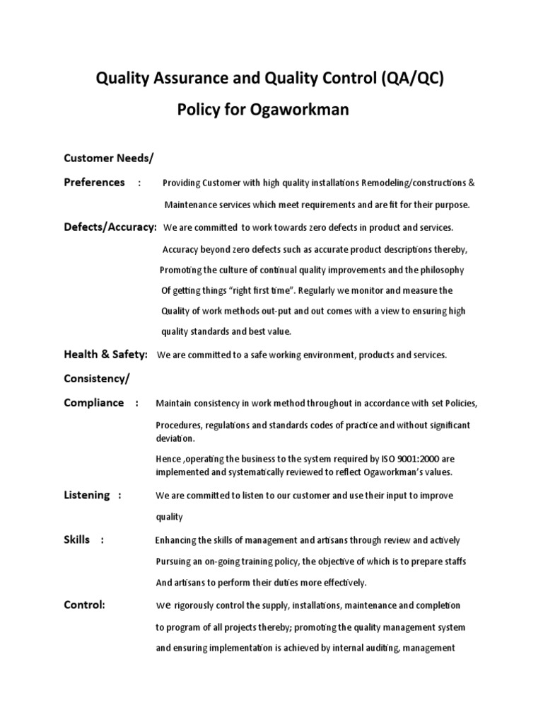 Quality Assurance and Quality Control Policy For Ogaworkman | PDF