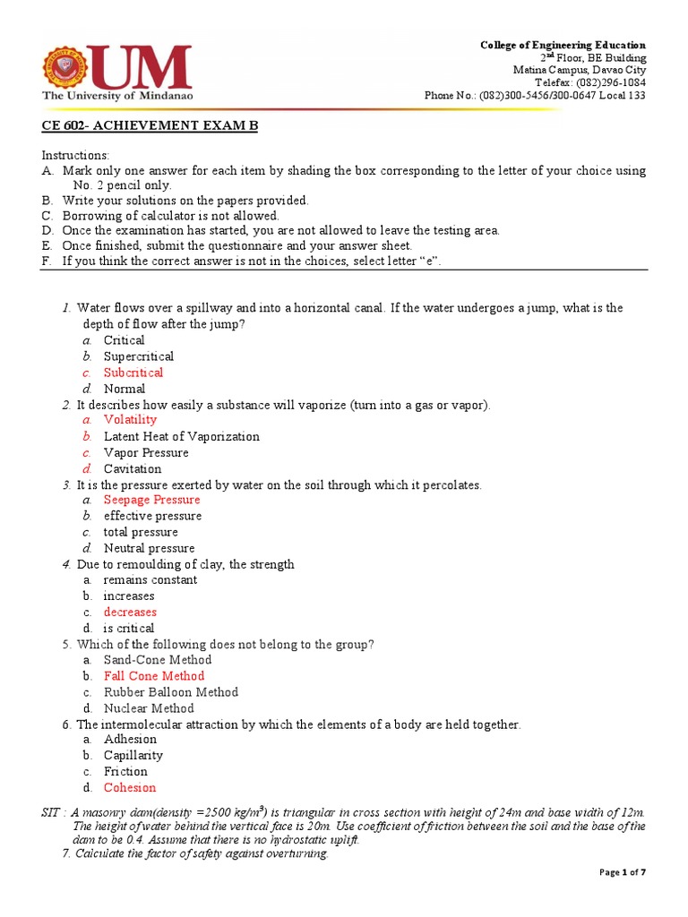 Analysis of Achievement Exam Questions on Engineering Hydraulics and