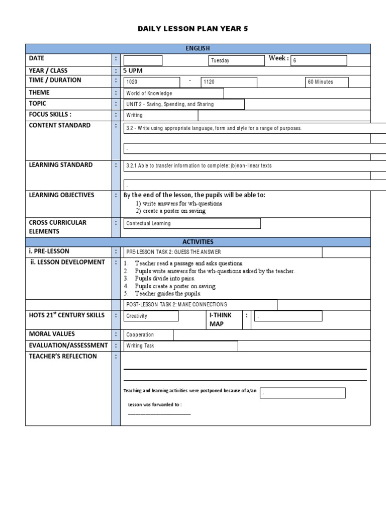 Daily Lesson Plan Year 5 English: Week:: 5 Upm | PDF