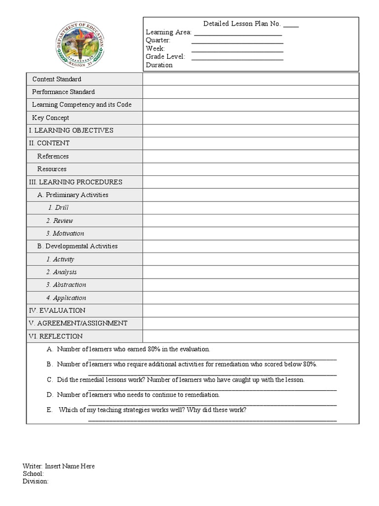 Detailed Lesson Plan No. - Learning Area: - Quarter: - Week: - Grade ...
