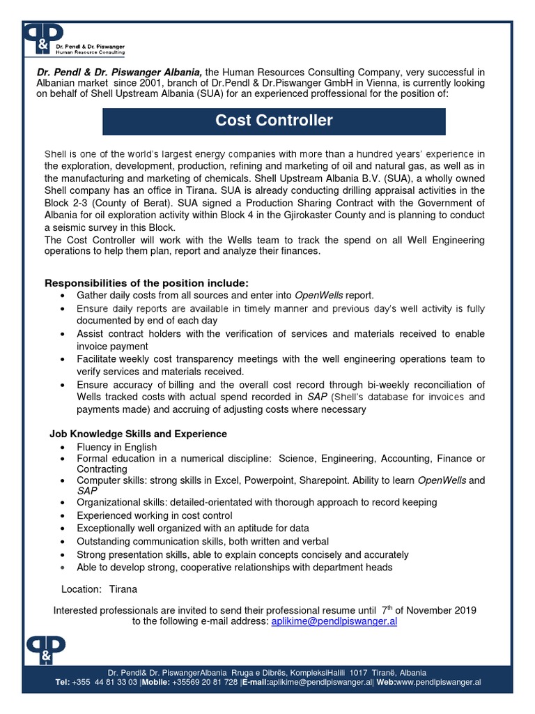 Job Announcement Cost Controller PDF Royal Dutch Shell Albania