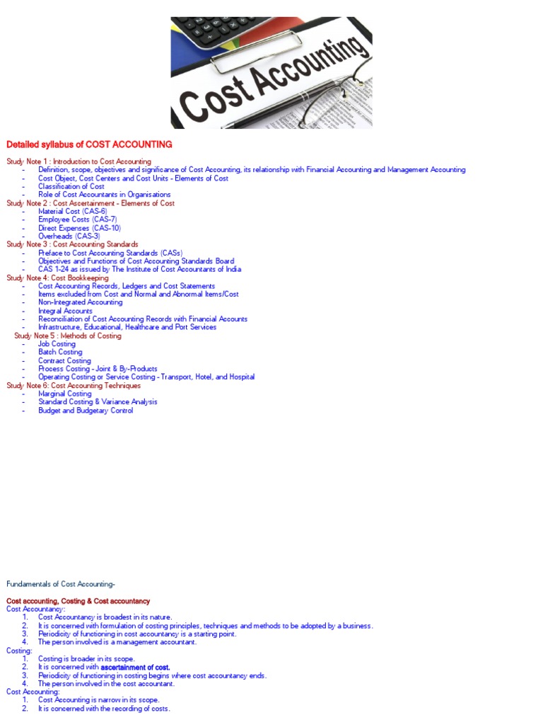 Cost Accounting Notes PDF Cost Accounting Cost